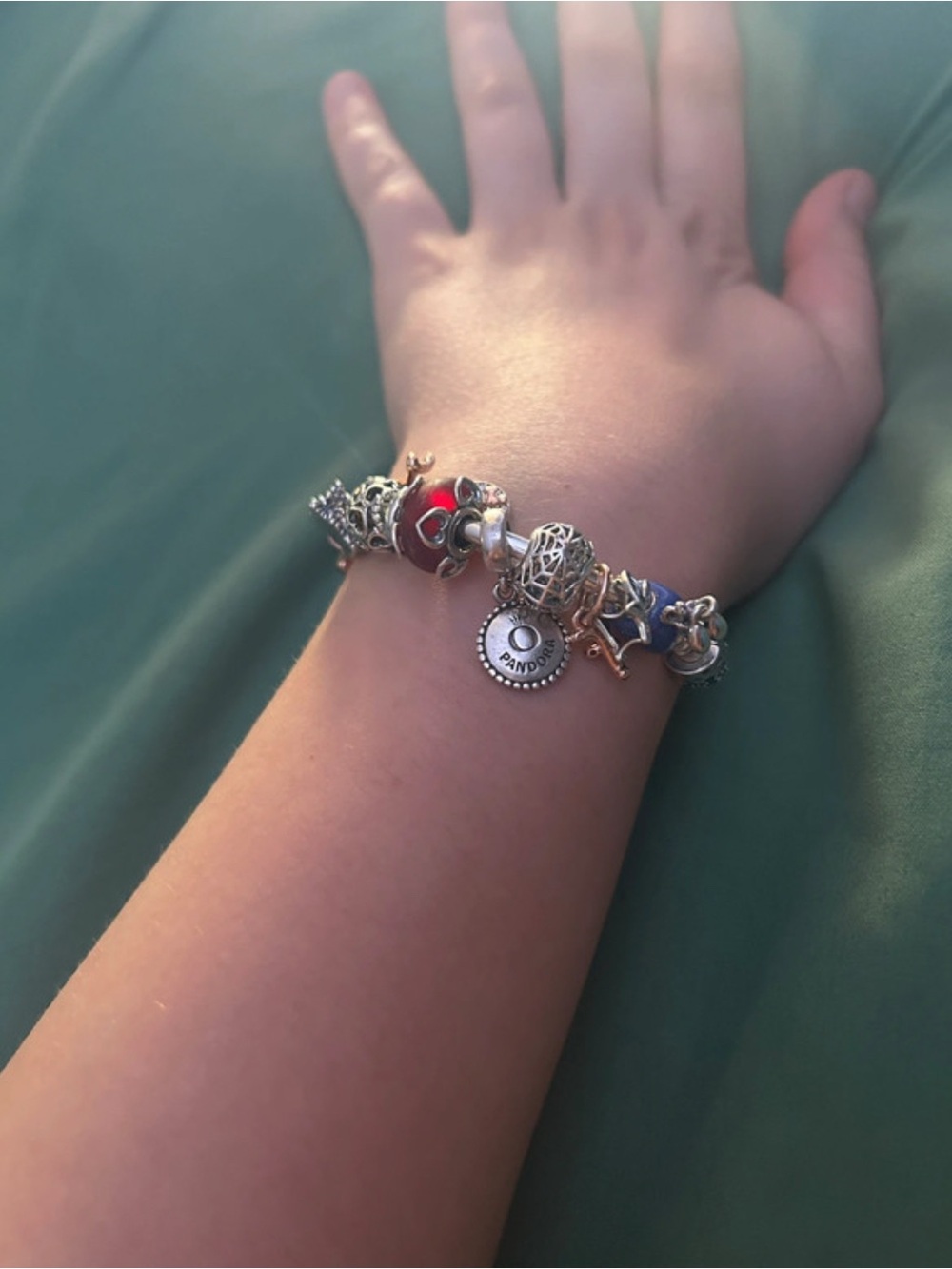Pandora Silver Charm Bracelet with Red and Blue Accents